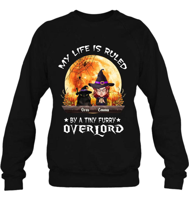 Personalized Cat Witch T-Shirt/Sweatshirt/Hoodie - Up to 5 Cats - Halloween Gift Idea For Cat Lovers - My Life Is Ruled By A Tiny Furry Overlord