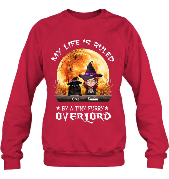 Personalized Cat Witch T-Shirt/Sweatshirt/Hoodie - Up to 5 Cats - Halloween Gift Idea For Cat Lovers - My Life Is Ruled By A Tiny Furry Overlord
