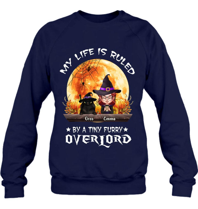 Personalized Cat Witch T-Shirt/Sweatshirt/Hoodie - Up to 5 Cats - Halloween Gift Idea For Cat Lovers - My Life Is Ruled By A Tiny Furry Overlord