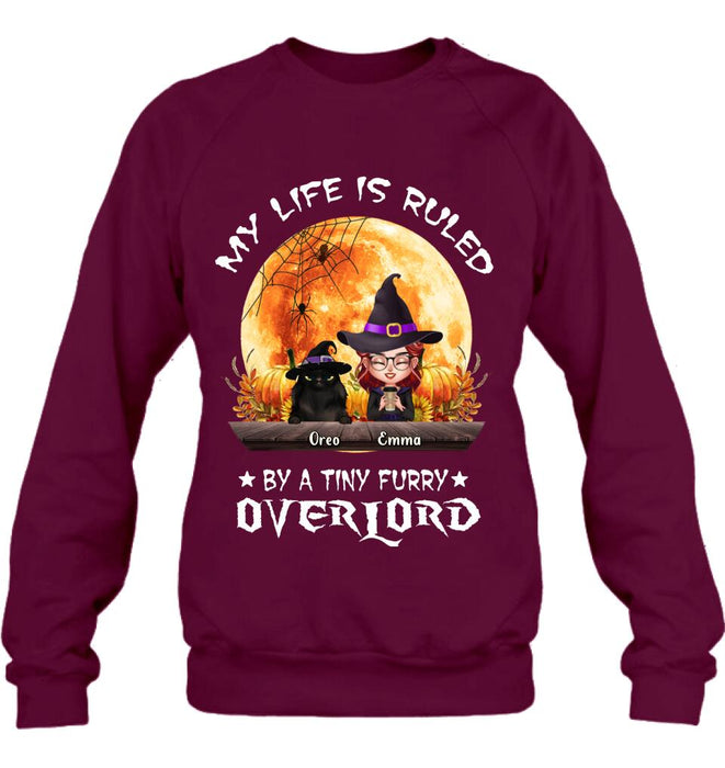 Personalized Cat Witch T-Shirt/Sweatshirt/Hoodie - Up to 5 Cats - Halloween Gift Idea For Cat Lovers - My Life Is Ruled By A Tiny Furry Overlord