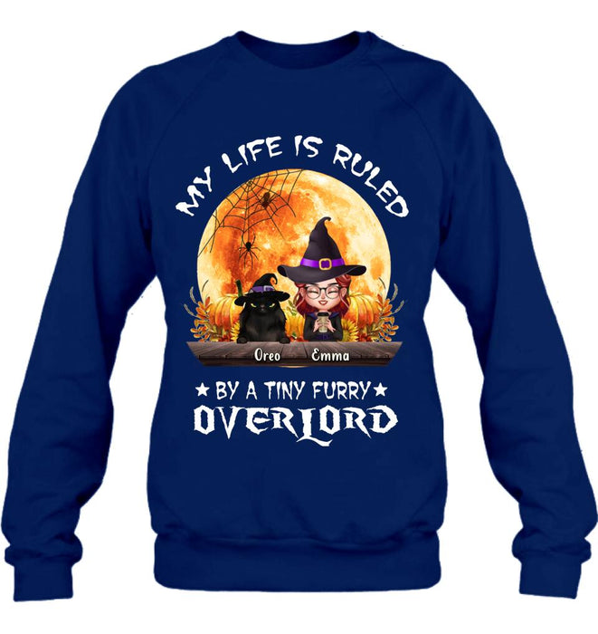 Personalized Cat Witch T-Shirt/Sweatshirt/Hoodie - Up to 5 Cats - Halloween Gift Idea For Cat Lovers - My Life Is Ruled By A Tiny Furry Overlord