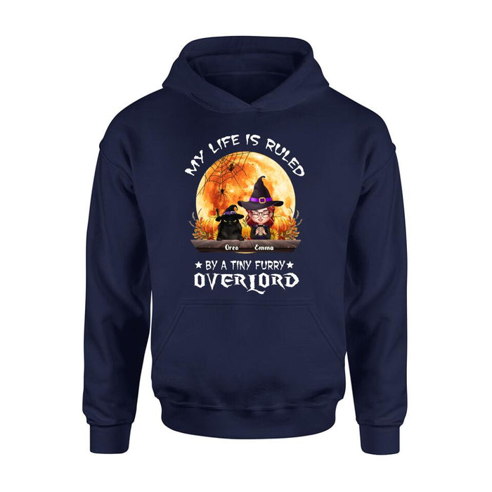Personalized Cat Witch T-Shirt/Sweatshirt/Hoodie - Up to 5 Cats - Halloween Gift Idea For Cat Lovers - My Life Is Ruled By A Tiny Furry Overlord