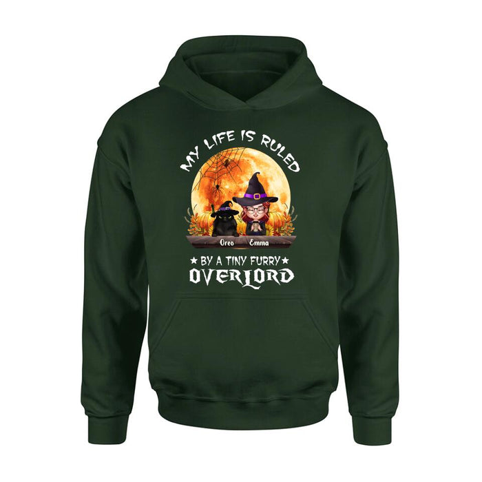 Personalized Cat Witch T-Shirt/Sweatshirt/Hoodie - Up to 5 Cats - Halloween Gift Idea For Cat Lovers - My Life Is Ruled By A Tiny Furry Overlord