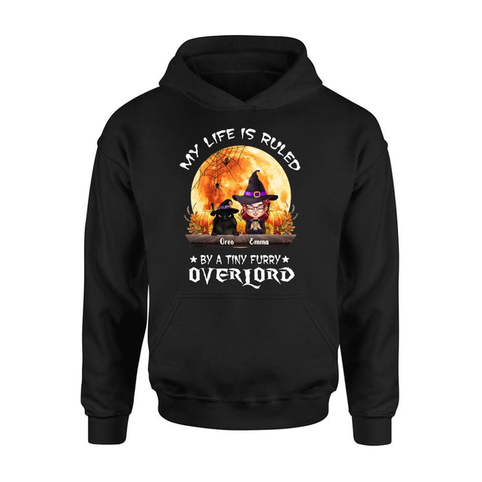 Personalized Cat Witch T-Shirt/Sweatshirt/Hoodie - Up to 5 Cats - Halloween Gift Idea For Cat Lovers - My Life Is Ruled By A Tiny Furry Overlord