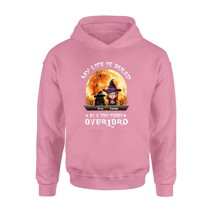 Personalized Cat Witch T-Shirt/Sweatshirt/Hoodie - Up to 5 Cats - Halloween Gift Idea For Cat Lovers - My Life Is Ruled By A Tiny Furry Overlord