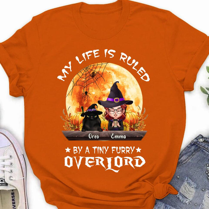 Personalized Cat Witch T-Shirt/Sweatshirt/Hoodie - Up to 5 Cats - Halloween Gift Idea For Cat Lovers - My Life Is Ruled By A Tiny Furry Overlord