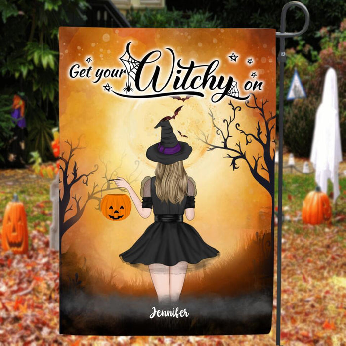 Personalized Halloween Garden Flag - Gift For Friends, Cat Lovers/Wiccan Decor - Up to 4 Girls and 3 Cats - Get Your Witchy on