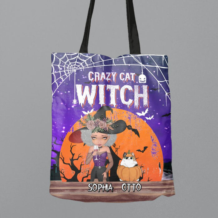 Personalized Crazy Cat Witch Canvas Bag - Up to 4 Cats - Halloween Gift Idea For Cat Lovers