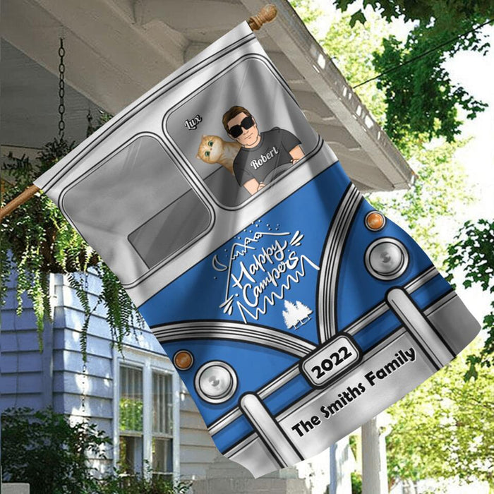 Personalized Happy Campers Flag Sign - Up to 3 Kids And 3 Pets - Camping Gift For Family Members, Campers/Dog/Cat Lover