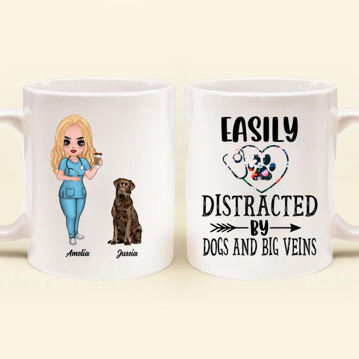 Personalized Nurse Dog Mom Coffee Mug - Up to 5 Dogs - Gift Idea For Dog Lovers - Easily Distracted By Dogs And Big Veins