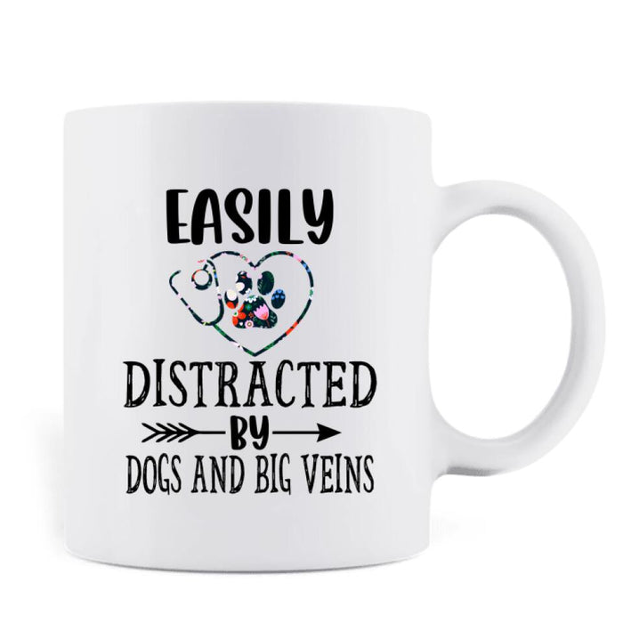 Personalized Nurse Dog Mom Coffee Mug - Up to 5 Dogs - Gift Idea For Dog Lovers - Easily Distracted By Dogs And Big Veins