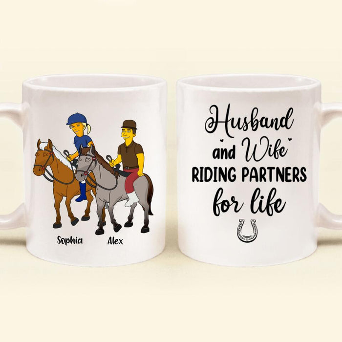Personalized Horseback Riding Cartoon Portrait From Photo Coffee Mug - Gift Idea For Couple/ Riding Lover - Husband And Wife Riding Partners For Life