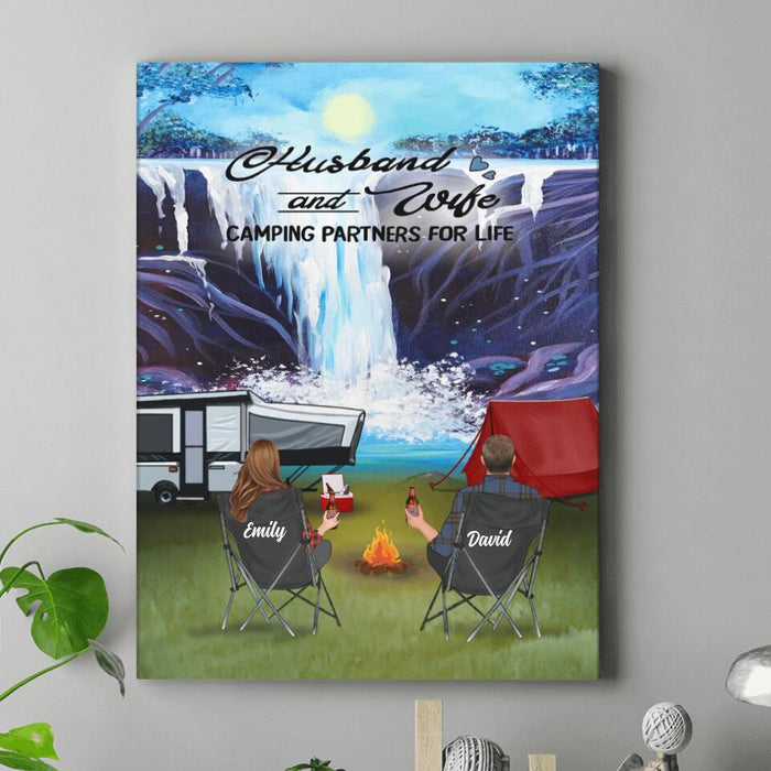 Personalized Camping Canvas - Gift Idea For Camping Lover - Couple/Parents With Up to 3 Kids And 4 Pets - Husband And Wife Camping Partners For Life