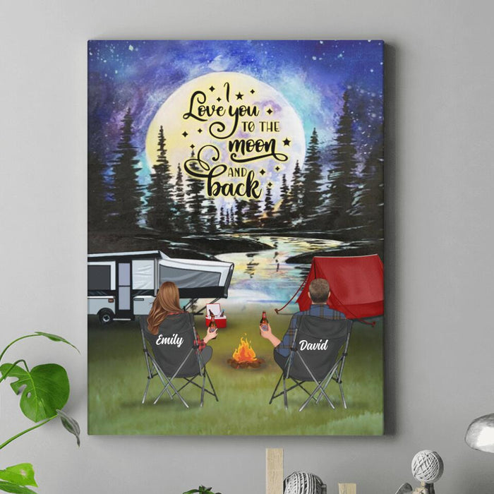 Personalized Camping Moon Canvas - Couple/Parents With Up to 3 Kids And 4 Pets - Gift Idea For Camping Lover - I Love You To The Moon And Back