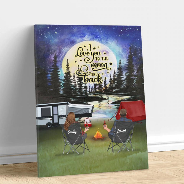 Personalized Camping Moon Canvas - Couple/Parents With Up to 3 Kids And 4 Pets - Gift Idea For Camping Lover - I Love You To The Moon And Back