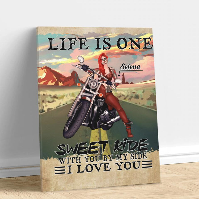 Personalized Biker Girl Vertical Canvas - Best Gift Idea For Biking Lovers - Life Is One Sweet Ride With You By My Side, I Love You