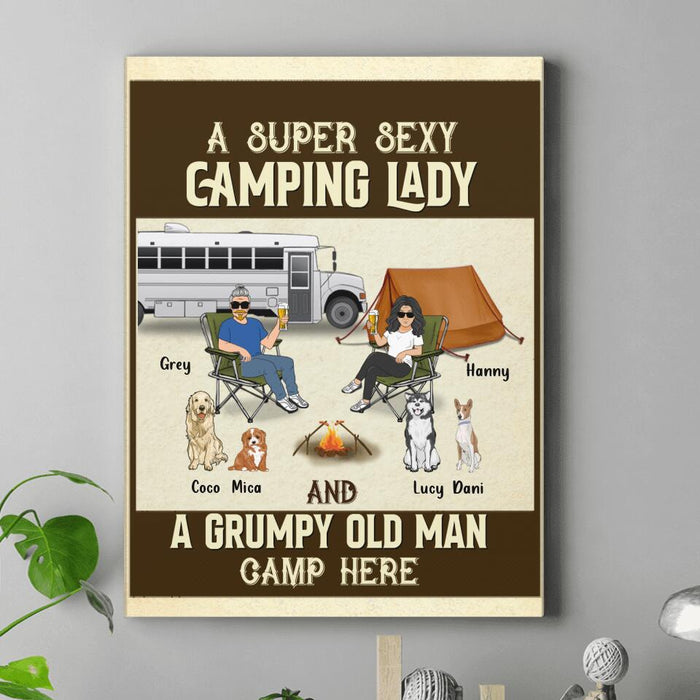 Personalized Couple Camping Canvas - Couple With Up to 4 Pets - Gift Idea For Camping/Dog/Cat Lover - A Spoiled Camping Lady And Her Grumpy Husband Camp Here