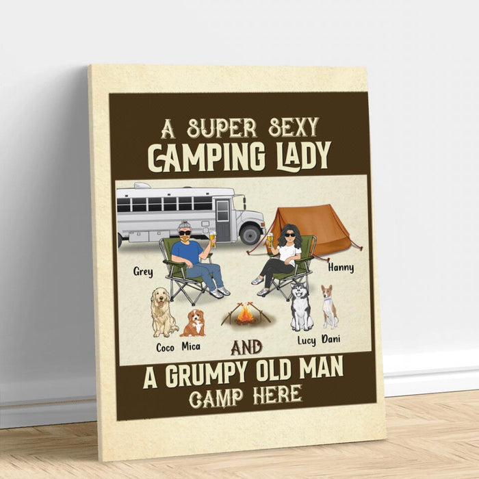 Personalized Couple Camping Canvas - Couple With Up to 4 Pets - Gift Idea For Camping/Dog/Cat Lover - A Spoiled Camping Lady And Her Grumpy Husband Camp Here