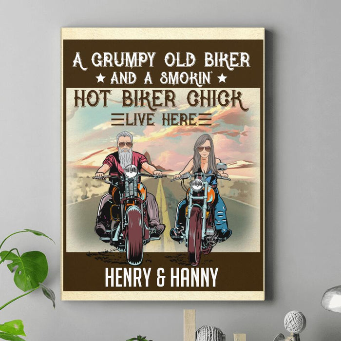 Personalized Couple Biker Vertical Canvas - Gift Idea For Couple - A Grumpy Old Biker And A Smokin' Hot Biker Chick Live Here