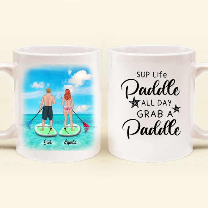 Personalized Stand Up Paddle Boarding Mug - Couple Up to 2 Pets - Gift For The Couple - SUP Life Paddle All Day Grab A Paddle - BWALPG