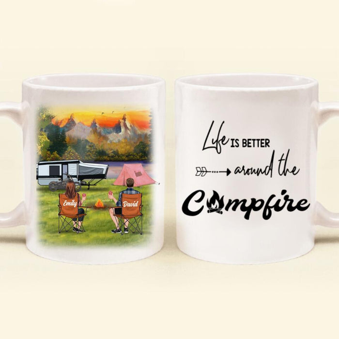 Personalized New Camping Coffee Mug - Couple/Parents With Up to 2 Kids And 3 Pets - Gift For Camping Lover - Life Is Better Around The Campfire