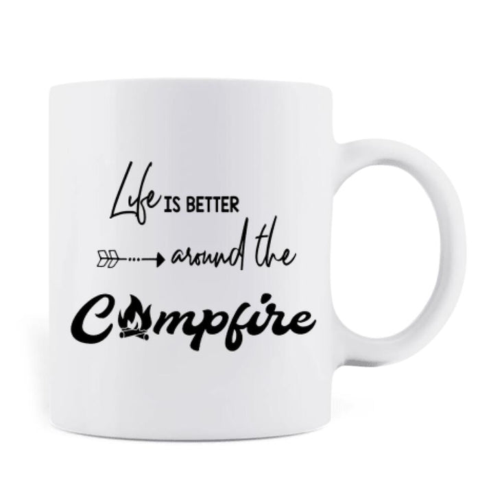 Personalized New Camping Coffee Mug - Couple/Parents With Up to 2 Kids And 3 Pets - Gift For Camping Lover - Life Is Better Around The Campfire