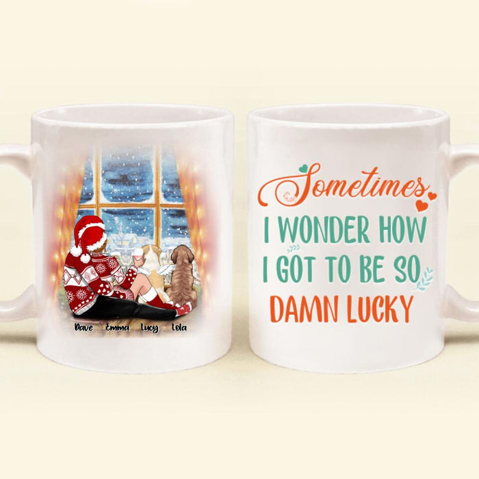 Personalized Hugging Couple Xmas Mug - Couple With Up to 2 Pets - Best Gift For Christmas - 
Sometimes I Wonder How I Got To Be So Damn Lucky - EWFNOK