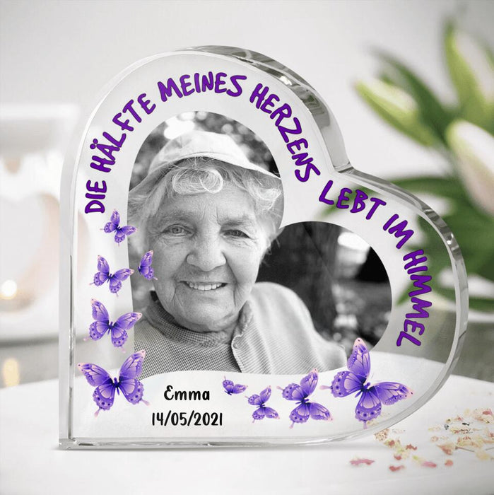 Personalized Memorial Acrylic Plaque - Upload Dad/Mom Photo - Germany Quotes - Die hälfte meines herzens lebt im himmel