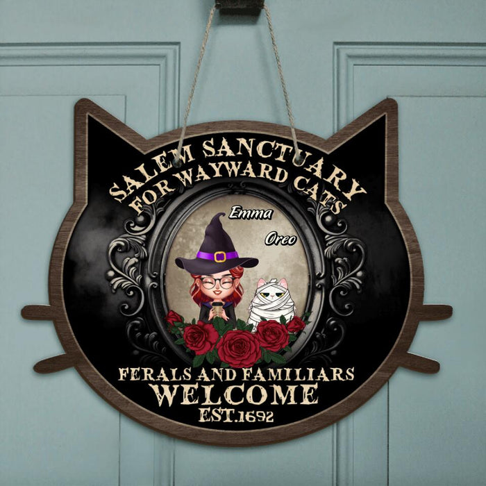 Personalized Halloween Cat Mom/Dad Door Sign - Up to 6 Cats - Halloween Gift For Cat Lovers/Wiccan Decor/Pagan Decor - Salem Sanctuary For Wayward Cats