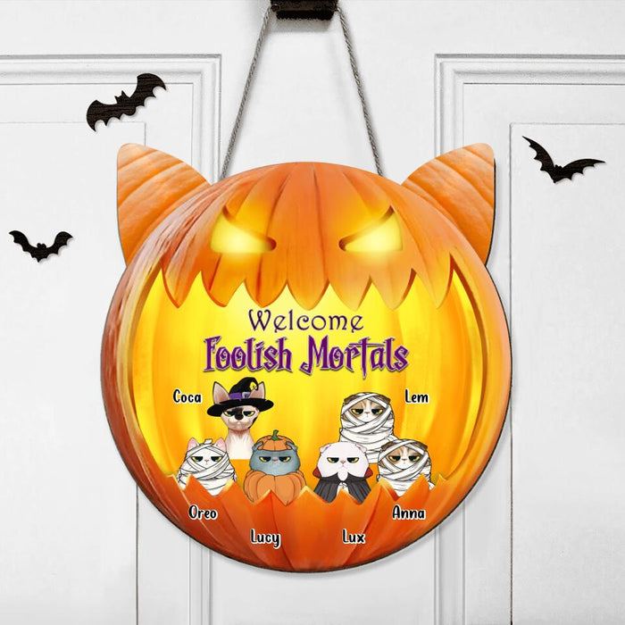 Personalized Halloween Cat Wooden Sign - Halloween Gift For Cat Lovers - Up to 6 Cats - Don't let the cats out
