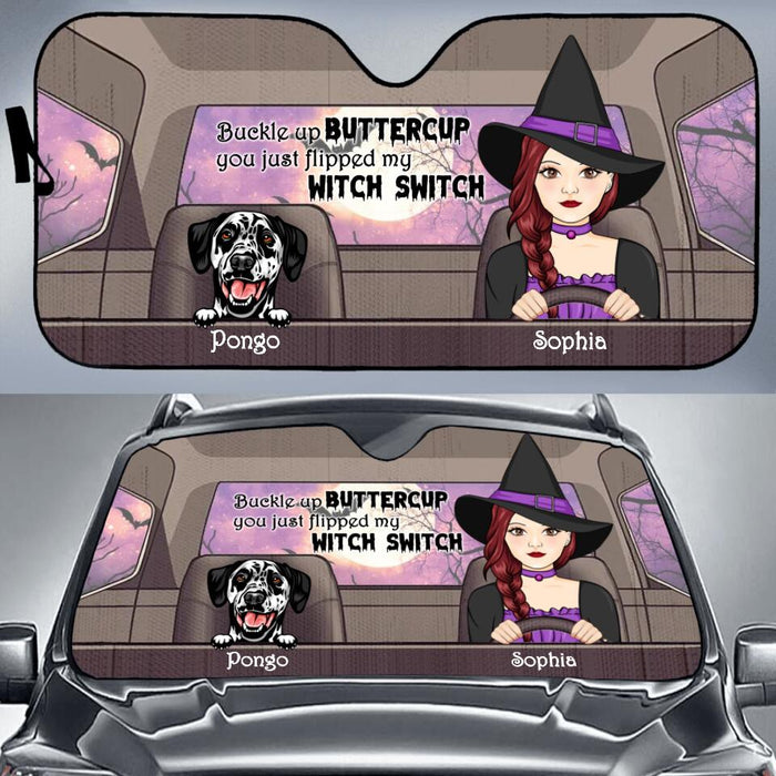 Personalized Dog Witch Car Sunshade - Up to 5 Dogs - Halloween Gift Idea For Dog Lovers - Buckle Up Buttercup You Just Flipped My Witch Switch