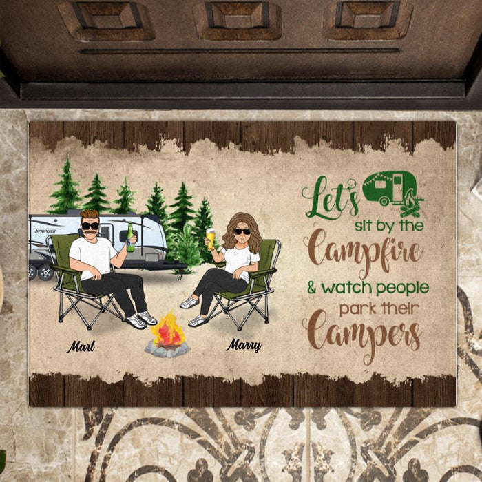 Personalized Old Couple Camping Doormat - Retired 2021/2022 Gift Idea For Camping Lover - Let's Sit By The Campfire And Watch People Park Their Campers