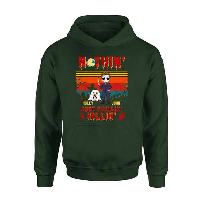 Personalized Horror Movie T-Shirt/Long Sleeve/Sweatshirt/Hoodie - Halloween Gift For Dog Lover/Cat Lover/Horror Movie Lover - Up to 4 Dogs/Cats - Nothin', Just chillin', Killin'