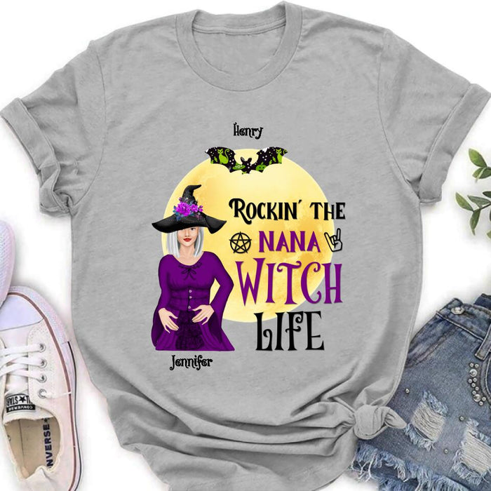 Personalized Halloween Shirt/Hoodie - Gift Idea For Halloween/Nana From Kids with up to 7 Kids - Rockin' The Nana Witch Life