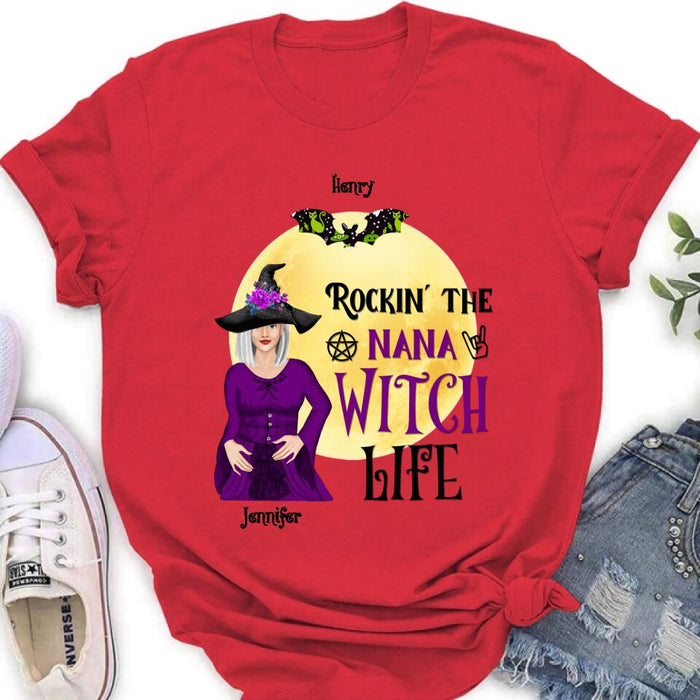 Personalized Halloween Shirt/Hoodie - Gift Idea For Halloween/Nana From Kids with up to 7 Kids - Rockin' The Nana Witch Life