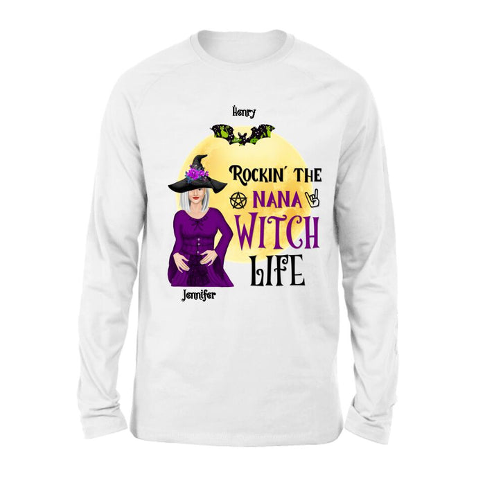 Personalized Halloween Shirt/Hoodie - Gift Idea For Halloween/Nana From Kids with up to 7 Kids - Rockin' The Nana Witch Life