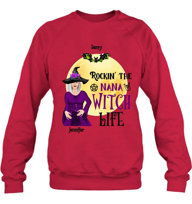 Personalized Halloween Shirt/Hoodie - Gift Idea For Halloween/Nana From Kids with up to 7 Kids - Rockin' The Nana Witch Life
