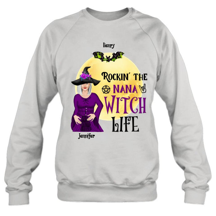Personalized Halloween Shirt/Hoodie - Gift Idea For Halloween/Nana From Kids with up to 7 Kids - Rockin' The Nana Witch Life