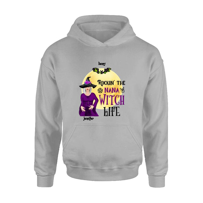 Personalized Halloween Shirt/Hoodie - Gift Idea For Halloween/Nana From Kids with up to 7 Kids - Rockin' The Nana Witch Life