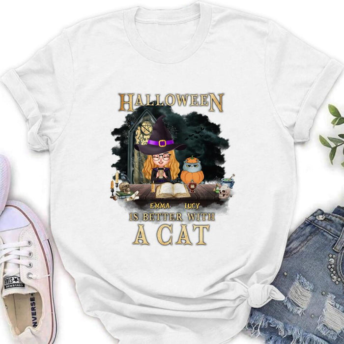 Personalized Halloween  T-shirt/ Long Sleeve - Best Gift Idea For Halloween/ Cat Lover with up to 4 Cats - Halloween Is Better With A Cat