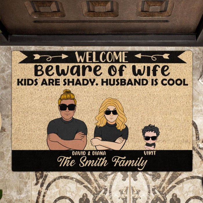 Personalized Beware Of Wife Doormat - Parents With Up to 4 Kids - Welcome The Smith Family
