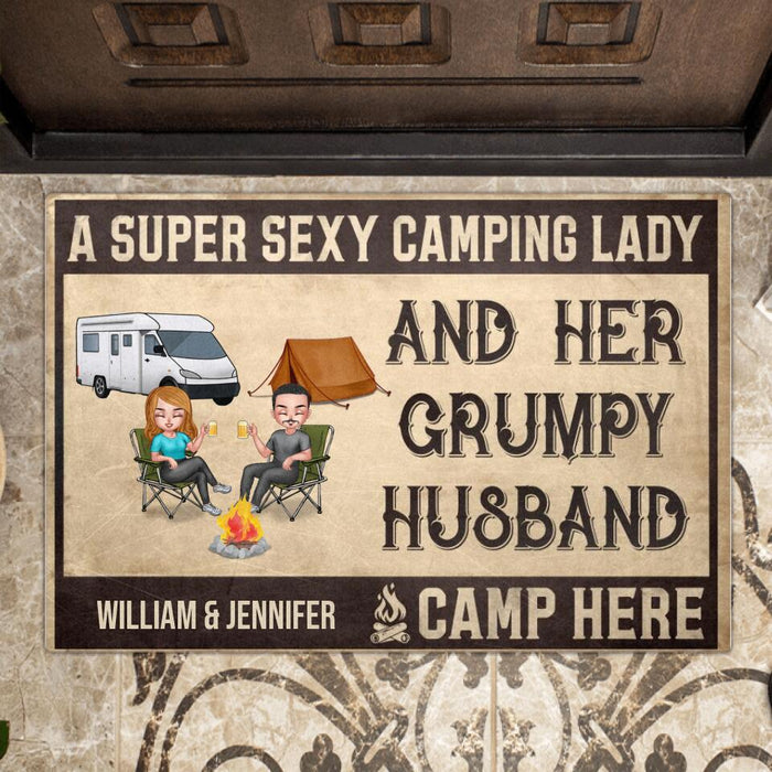 Personalized Camping Couple Chibi Doormat - Gift Idea For Camping Lover - A Super Sexy Camping Lady and Her Grumpy Husband