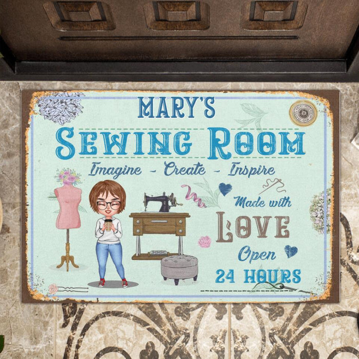 Personalized Sewing Chibi Girl Doormat - Gift For Sewing Lovers/Mother's Day - Sewing Room Imagine, Create, Inspire Made With Love Open 24 Hours