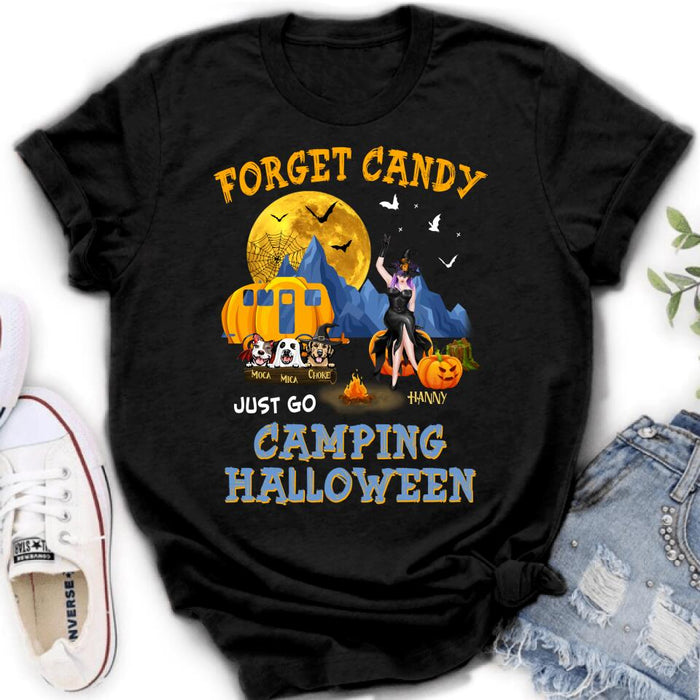 Personalized Camping Witch Shirt/Hoodie - Witch With Up to 3 Dogs - Gift Idea For Halloween/Dog Lover, Camping Lover - Forget Candy Just Go Camping Halloween