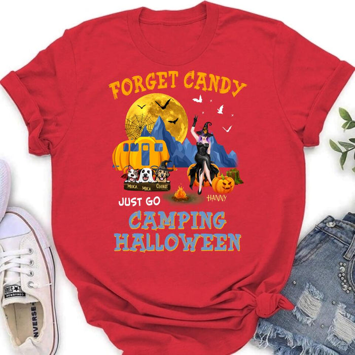 Personalized Camping Witch Shirt/Hoodie - Witch With Up to 3 Dogs - Gift Idea For Halloween/Dog Lover, Camping Lover - Forget Candy Just Go Camping Halloween