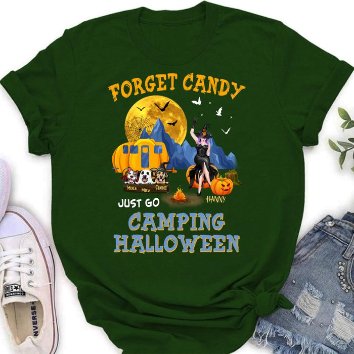 Personalized Camping Witch Shirt/Hoodie - Witch With Up to 3 Dogs - Gift Idea For Halloween/Dog Lover, Camping Lover - Forget Candy Just Go Camping Halloween