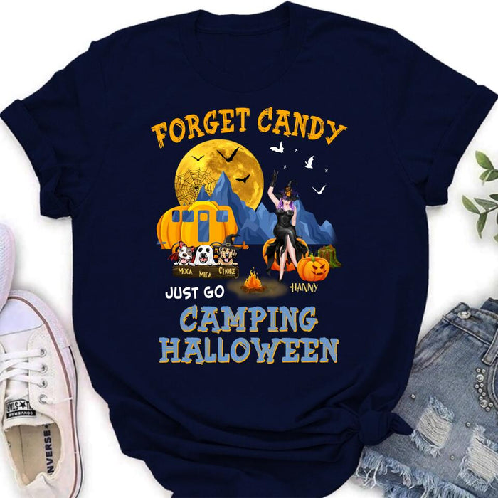 Personalized Camping Witch Shirt/Hoodie - Witch With Up to 3 Dogs - Gift Idea For Halloween/Dog Lover, Camping Lover - Forget Candy Just Go Camping Halloween