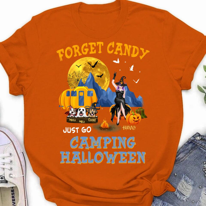 Personalized Camping Witch Shirt/Hoodie - Witch With Up to 3 Dogs - Gift Idea For Halloween/Dog Lover, Camping Lover - Forget Candy Just Go Camping Halloween
