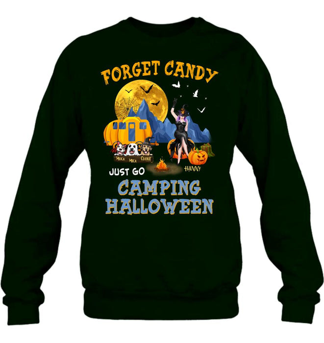 Personalized Camping Witch Shirt/Hoodie - Witch With Up to 3 Dogs - Gift Idea For Halloween/Dog Lover, Camping Lover - Forget Candy Just Go Camping Halloween