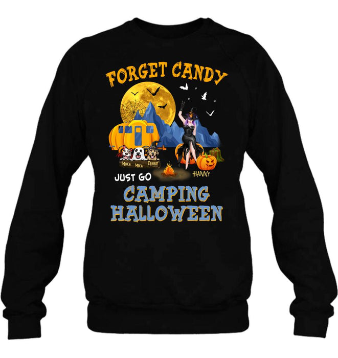 Personalized Camping Witch Shirt/Hoodie - Witch With Up to 3 Dogs - Gift Idea For Halloween/Dog Lover, Camping Lover - Forget Candy Just Go Camping Halloween